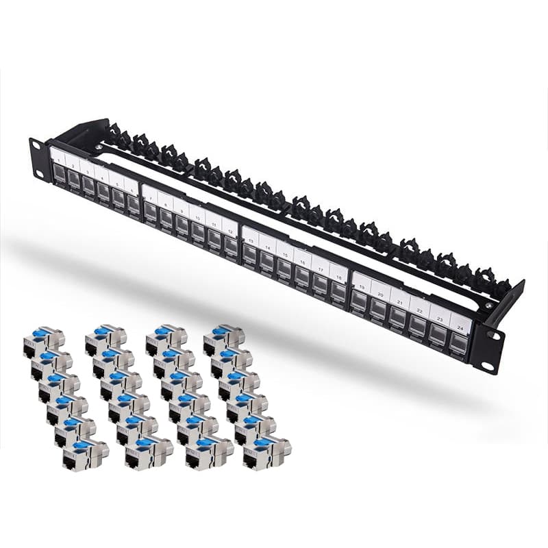 Патч-панель 24 порта с проходными модулями RJ45, кат. 8